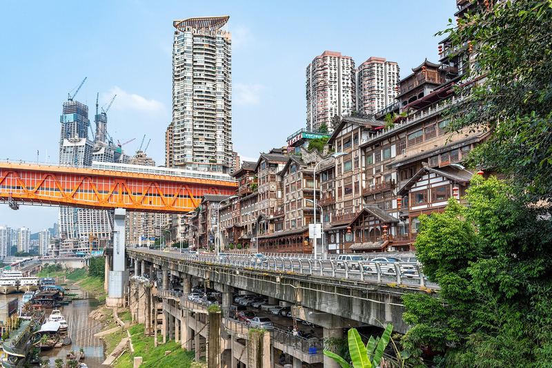 The stacked wooden buildings of Hongya Cave in Chongqing at night