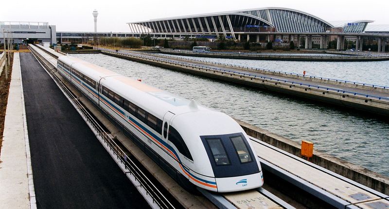 Magnetic levitation train at rest at a Shanghai station platform
